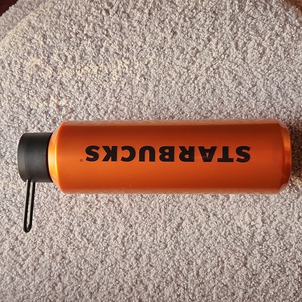 Starbucks Reusable Plastic Water Bottle Strap Holder Shiny Orange & Black